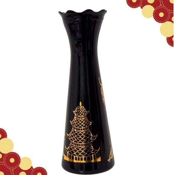 Vintage Black Glass Vase Gold Pagoda & Willow Tree Design - Picture 9 of 11